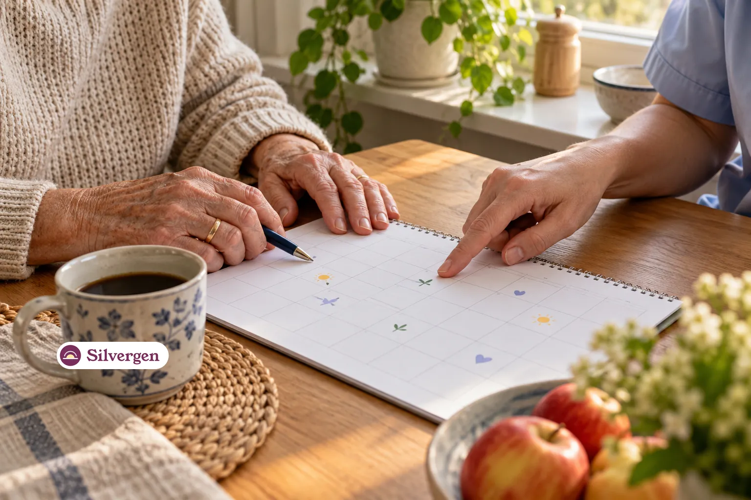 Två händer vid ett köksbord, den ena håller en kaffekopp och den andra en almanacka med inskrivna besökstider